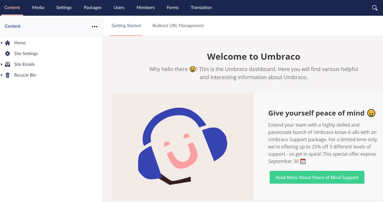Welcome to umbraco screen